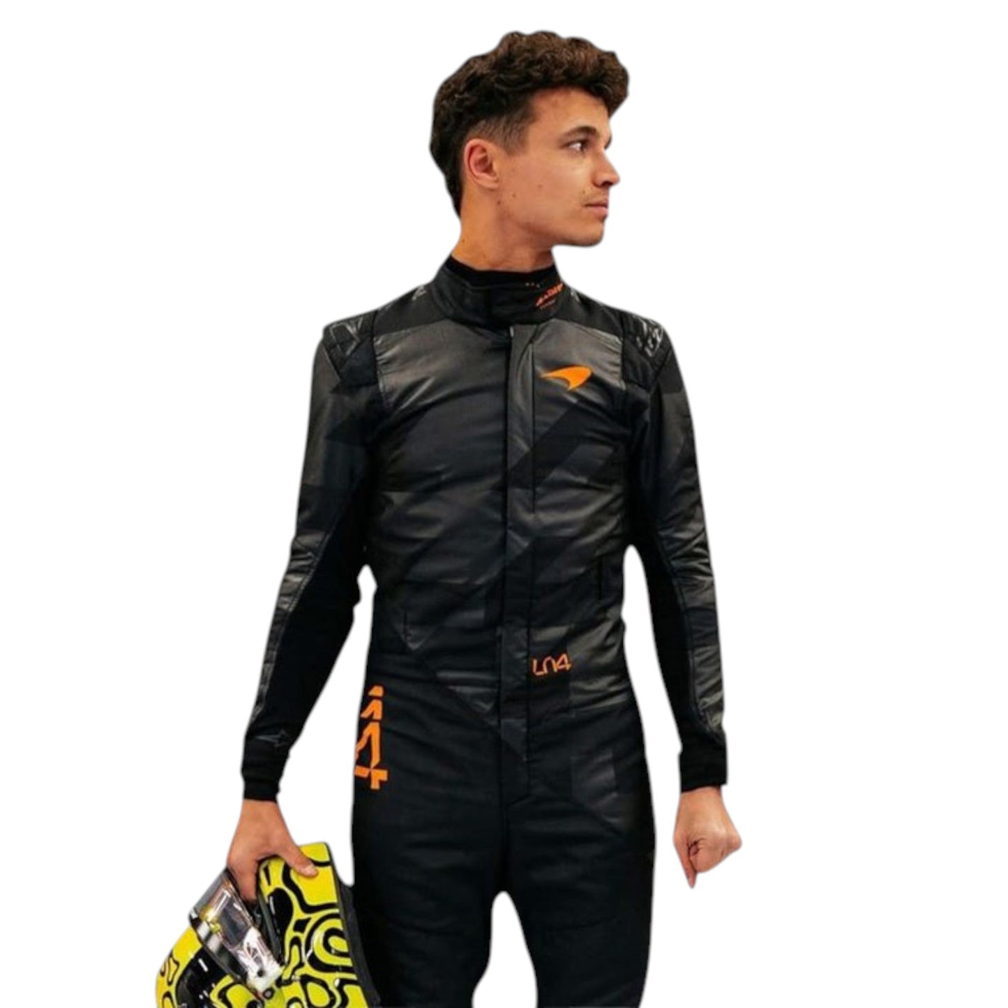 Lando Norris 2025 McLaren F1 team suit replica with official sponsor logos and papaya orange design