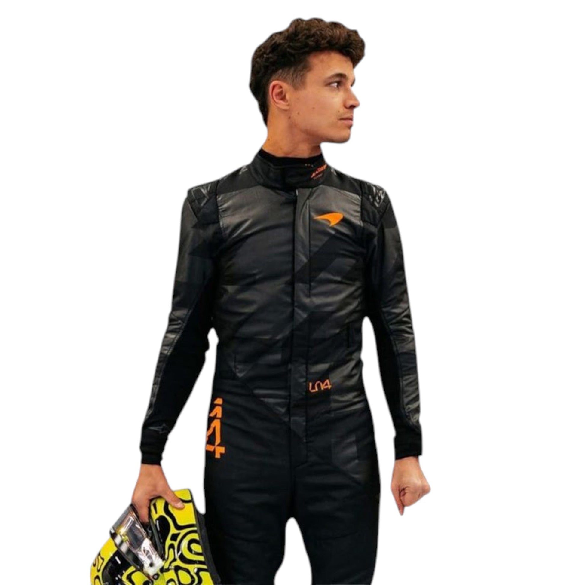 Lando Norris 2025 McLaren F1 team suit replica with official sponsor logos and papaya orange design