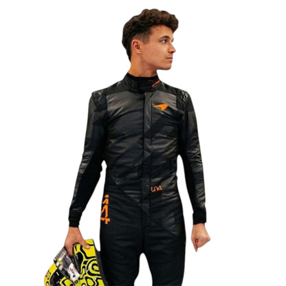 Lando Norris 2025 McLaren F1 team suit replica with official sponsor logos and papaya orange design