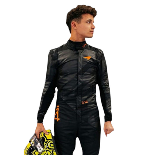 Lando Norris 2025 McLaren F1 team suit replica with official sponsor logos and papaya orange design