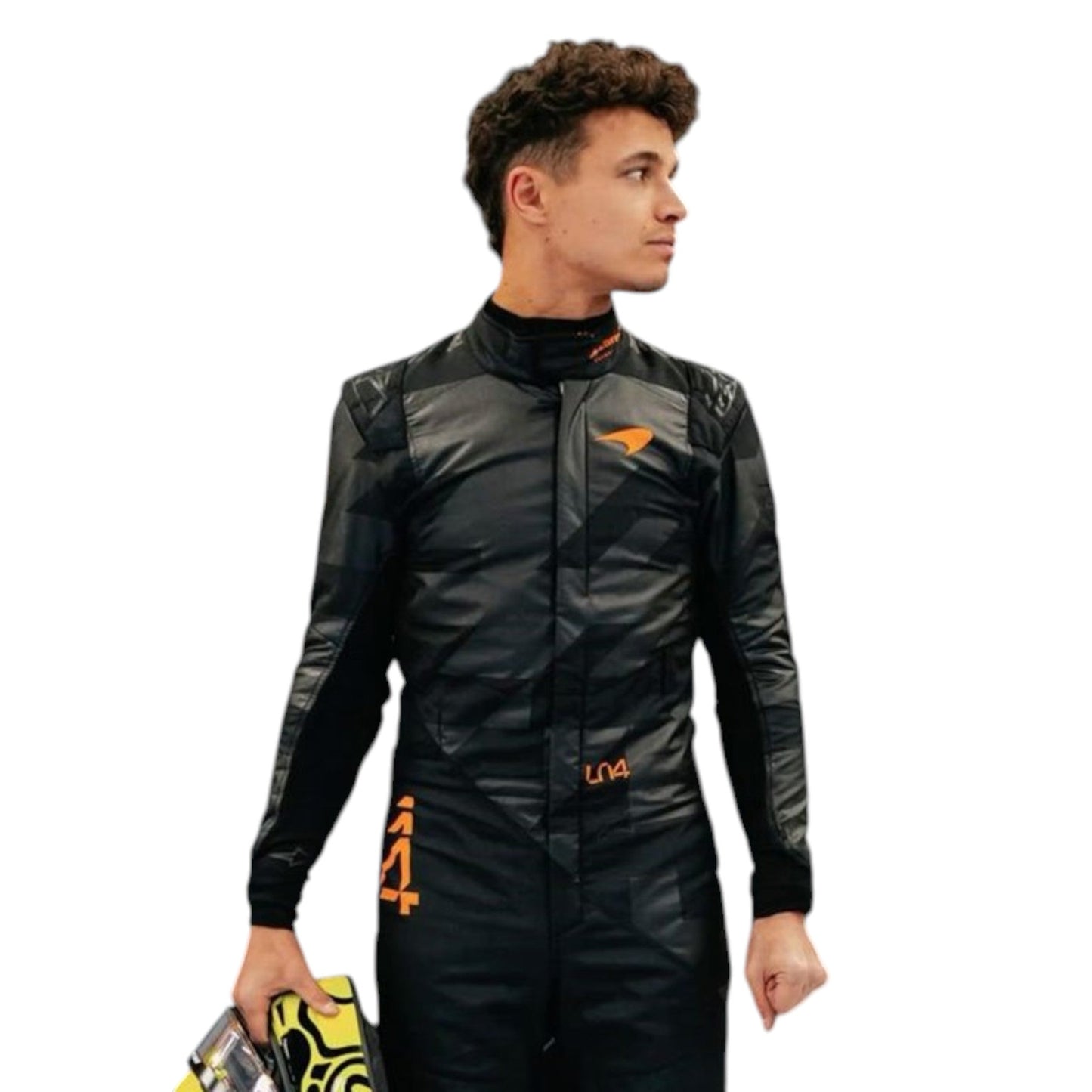 Lando Norris 2025 McLaren F1 team suit replica with official sponsor logos and papaya orange design