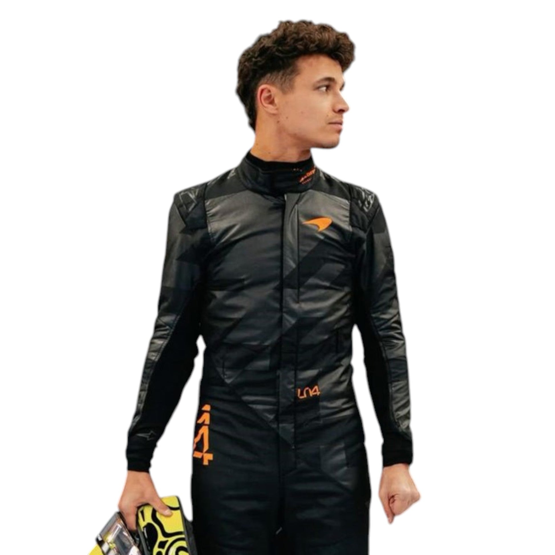 Lando Norris 2025 McLaren F1 team suit replica with official sponsor logos and papaya orange design
