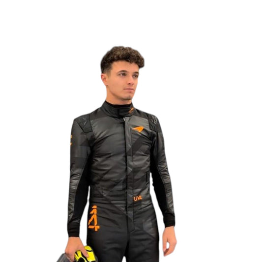 Lando Norris 2025 McLaren F1 team suit replica with official sponsor logos and papaya orange design