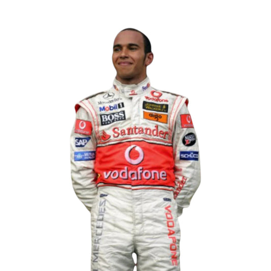 Lewis Hamilton 2007 McLaren F1 race suit replica silver and red Vodafone McLaren Mercedes design with sponsor logos from his rookie season
