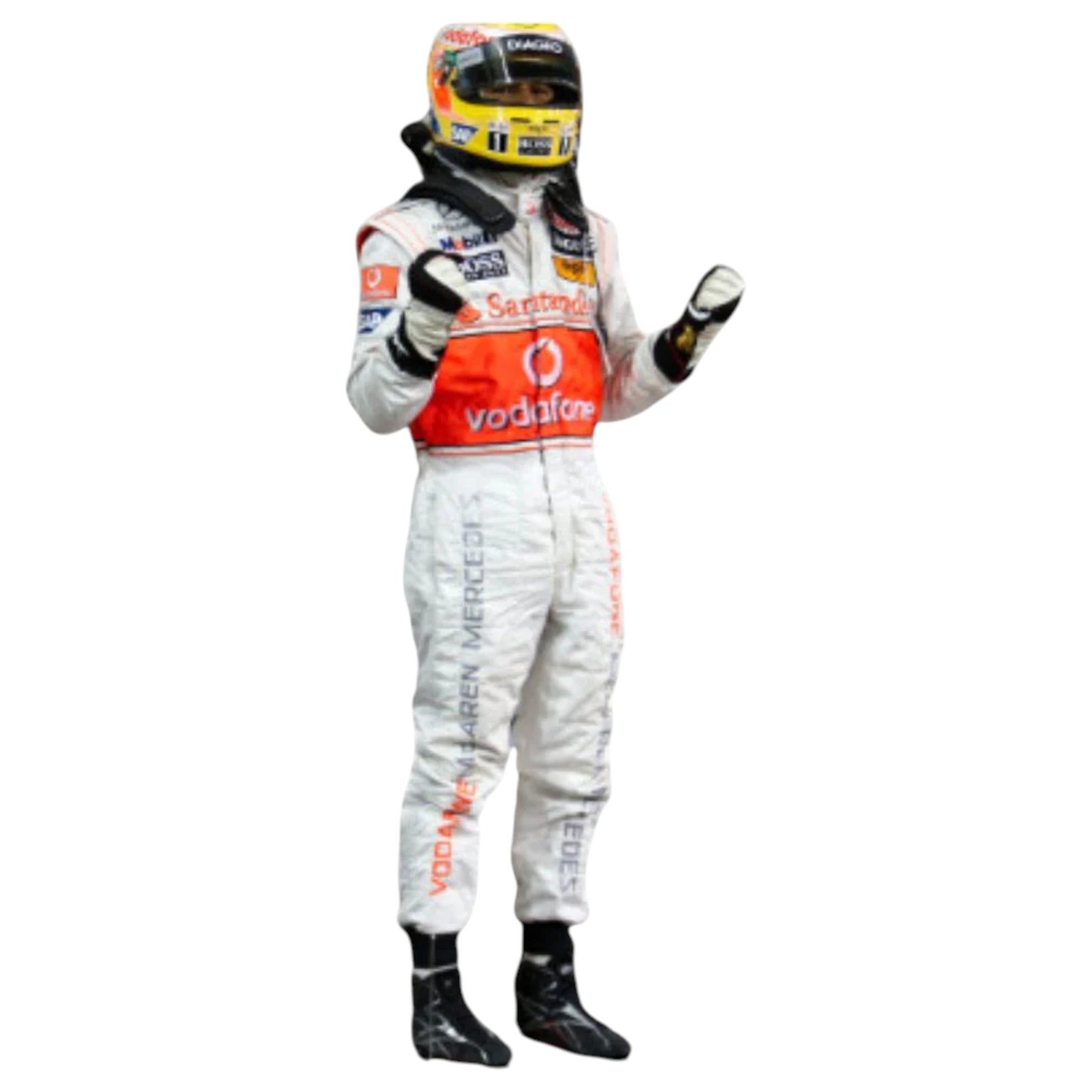 Lewis Hamilton 2009 McLaren F1 race suit replica silver Vodafone McLaren Mercedes design with updated sponsor logos from the 2009 Formula 1 season

