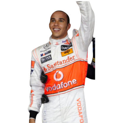Lewis Hamilton 2009 McLaren F1 race suit replica silver Vodafone McLaren Mercedes design with updated sponsor logos from the 2009 Formula 1 season