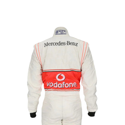 Lewis Hamilton 2010 McLaren F1 race suit replica silver Vodafone McLaren Mercedes design featuring red accents and season specific sponsor logos