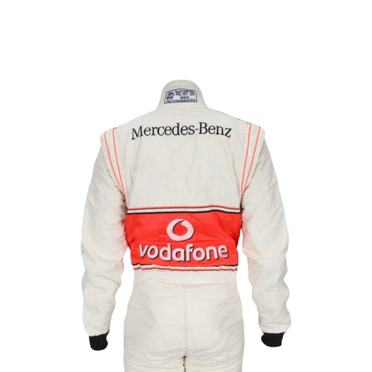 Lewis Hamilton 2010 McLaren F1 race suit replica silver Vodafone McLaren Mercedes design featuring red accents and season specific sponsor logos