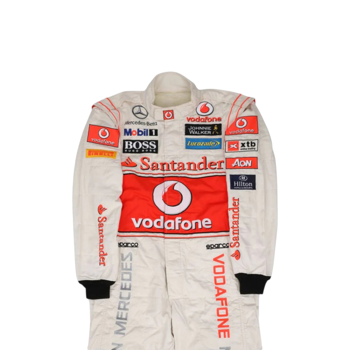 Lewis Hamilton 2011 McLaren F1 race suit replica silver and red Vodafone McLaren Mercedes design with sponsor logos from the 2011 Formula 1 season
