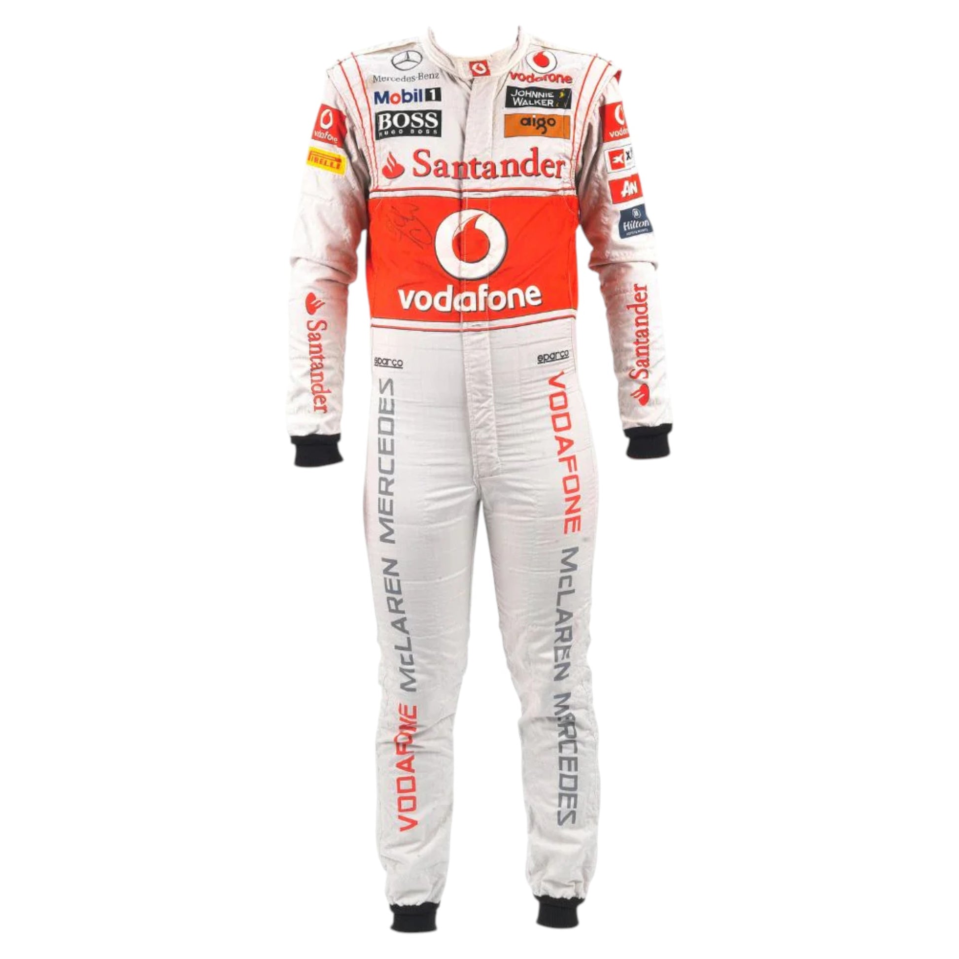 Lewis Hamilton 2011 McLaren F1 race suit replica silver and red Vodafone McLaren Mercedes design with sponsor logos from the 2011 Formula 1 season