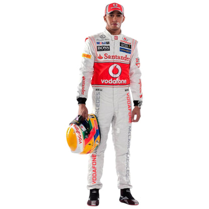 Lewis Hamilton 2012 McLaren F1 race suit replica silver Vodafone McLaren Mercedes design with red detailing and official sponsor logos from his final McLaren season
