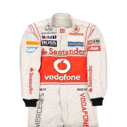 Lewis Hamilton 2012 McLaren F1 race suit replica silver Vodafone McLaren Mercedes design with red detailing and official sponsor logos from his final McLaren season