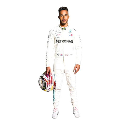 Lewis Hamilton 2018 Mercedes AMG Petronas F1 race suit replica featuring official team branding and championship era design
