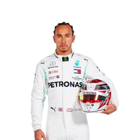 2019 Lewis Hamilton Mercedes AMG F1 race suit replica authentic Petronas edition with detailed race season graphics and team design