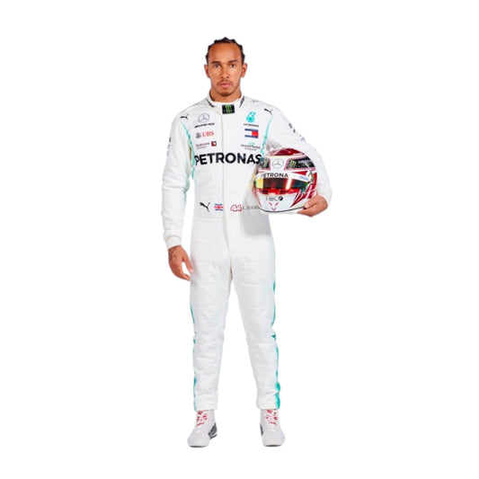 2019 Lewis Hamilton Mercedes AMG F1 race suit replica authentic Petronas edition with detailed race season graphics and team design