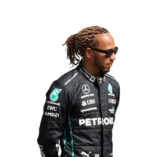 2022 Lewis Hamilton Mercedes AMG F1 race suit replica authentic Petronas team gear featuring AMG branding and race season styling