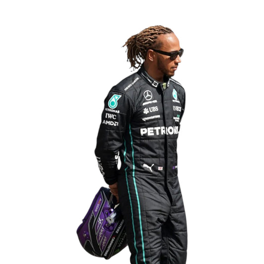 2022 Lewis Hamilton Mercedes AMG F1 race suit replica authentic Petronas team gear featuring AMG branding and race season styling