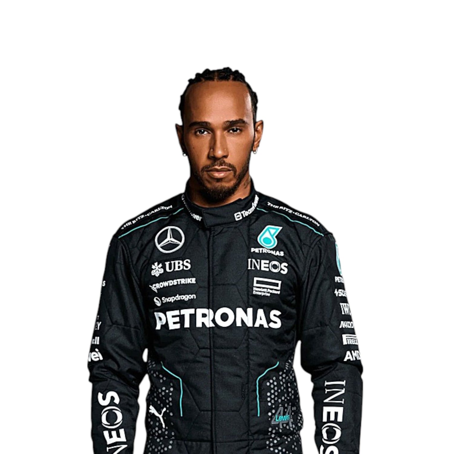 2024 Lewis Hamilton Mercedes AMG F1 race suit replica authentic Petronas team edition with detailed race season styling and logos