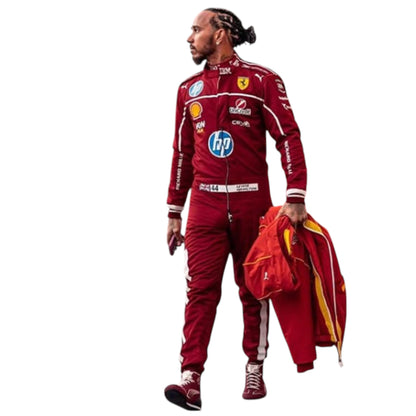 2025 Lewis Hamilton Ferrari F1 race suit replica authentic fan collectible with iconic red livery and detailed team branding