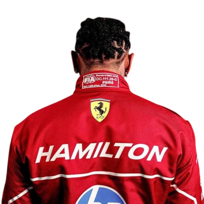 2025 Lewis Hamilton Ferrari F1 race suit replica authentic fan collectible with iconic red livery and detailed team branding