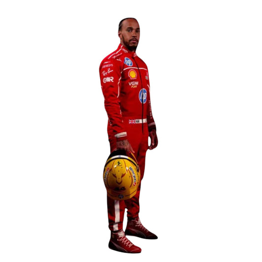 2025 Lewis Hamilton Ferrari F1 race suit replica authentic fan collectible with iconic red livery and detailed team branding