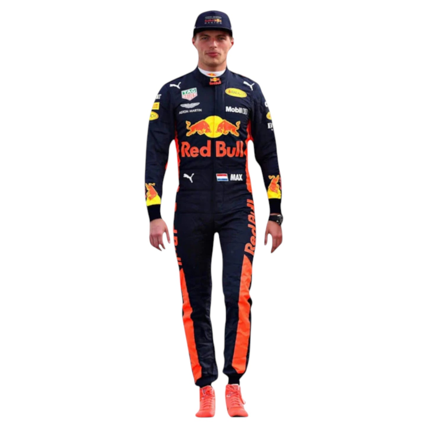Max Verstappen 2017 Red Bull F1 race suit replica navy blue Red Bull Racing design with vibrant red and yellow bull graphics and sponsor logos