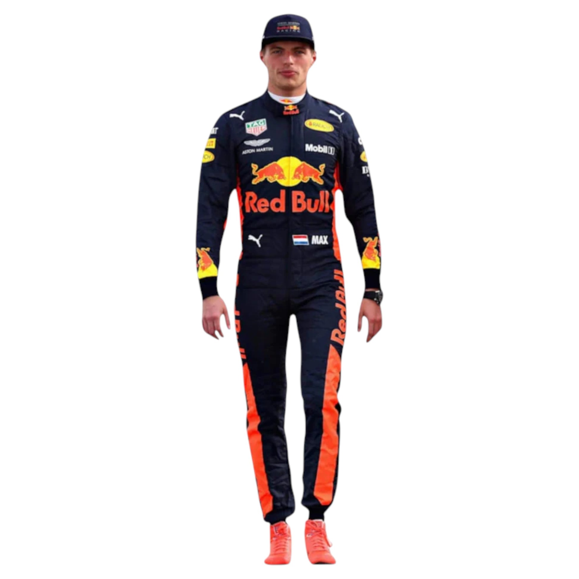 Max Verstappen 2017 Red Bull F1 race suit replica navy blue Red Bull Racing design with vibrant red and yellow bull graphics and sponsor logos