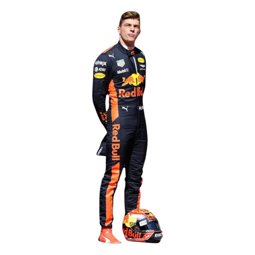 Max Verstappen 2017 Red Bull F1 race suit replica navy blue Red Bull Racing design with vibrant red and yellow bull graphics and sponsor logos