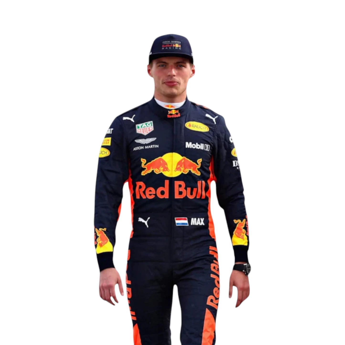 Max Verstappen 2017 Red Bull F1 race suit replica navy blue Red Bull Racing design with vibrant red and yellow bull graphics and sponsor logos