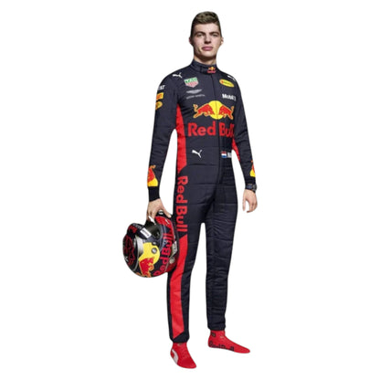 Max Verstappen 2018 Red Bull F1 race suit replica dark blue Aston Martin Red Bull Racing design with red and yellow accents and sponsor logos
