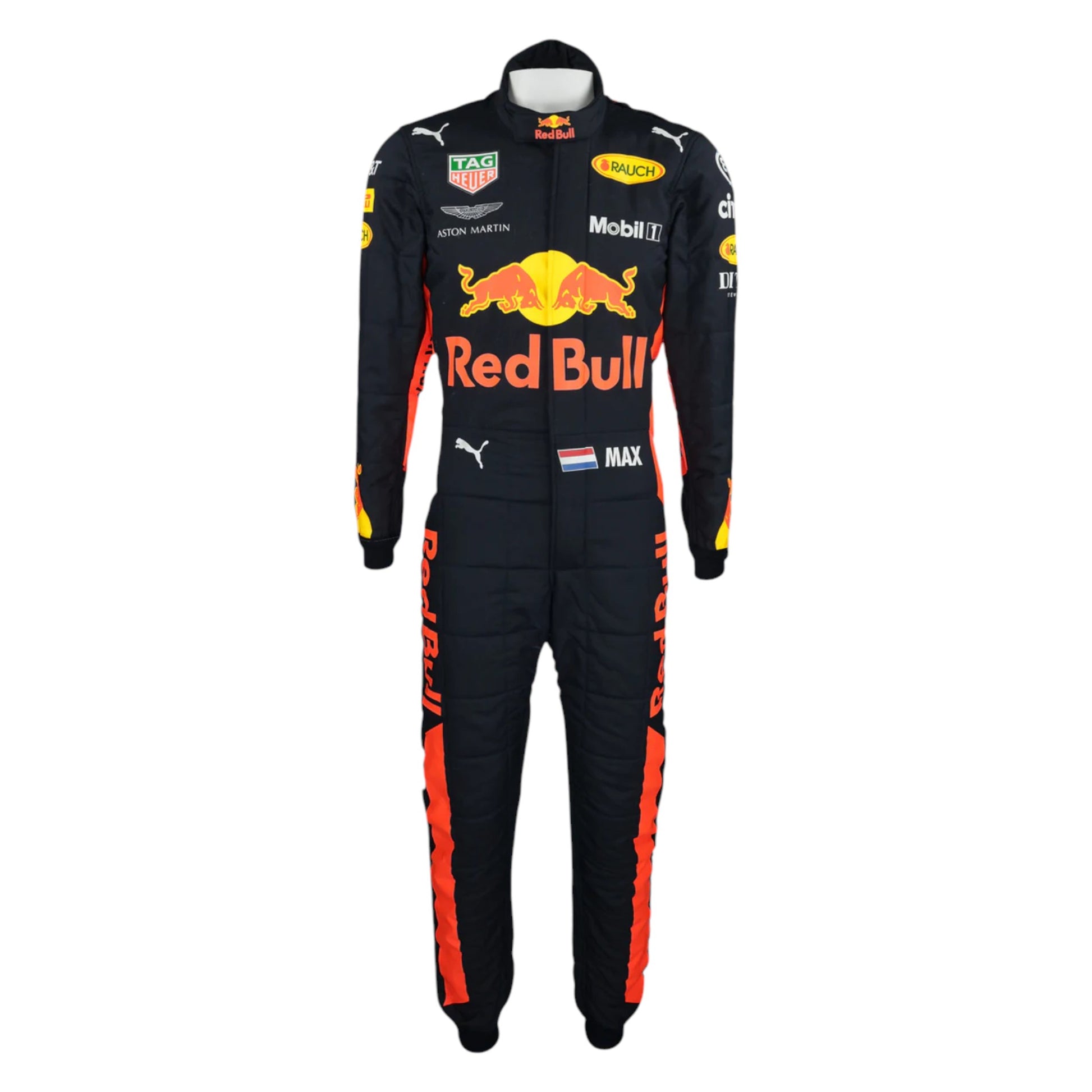 Max Verstappen 2018 Red Bull F1 race suit replica dark blue Aston Martin Red Bull Racing design with red and yellow accents and sponsor logos