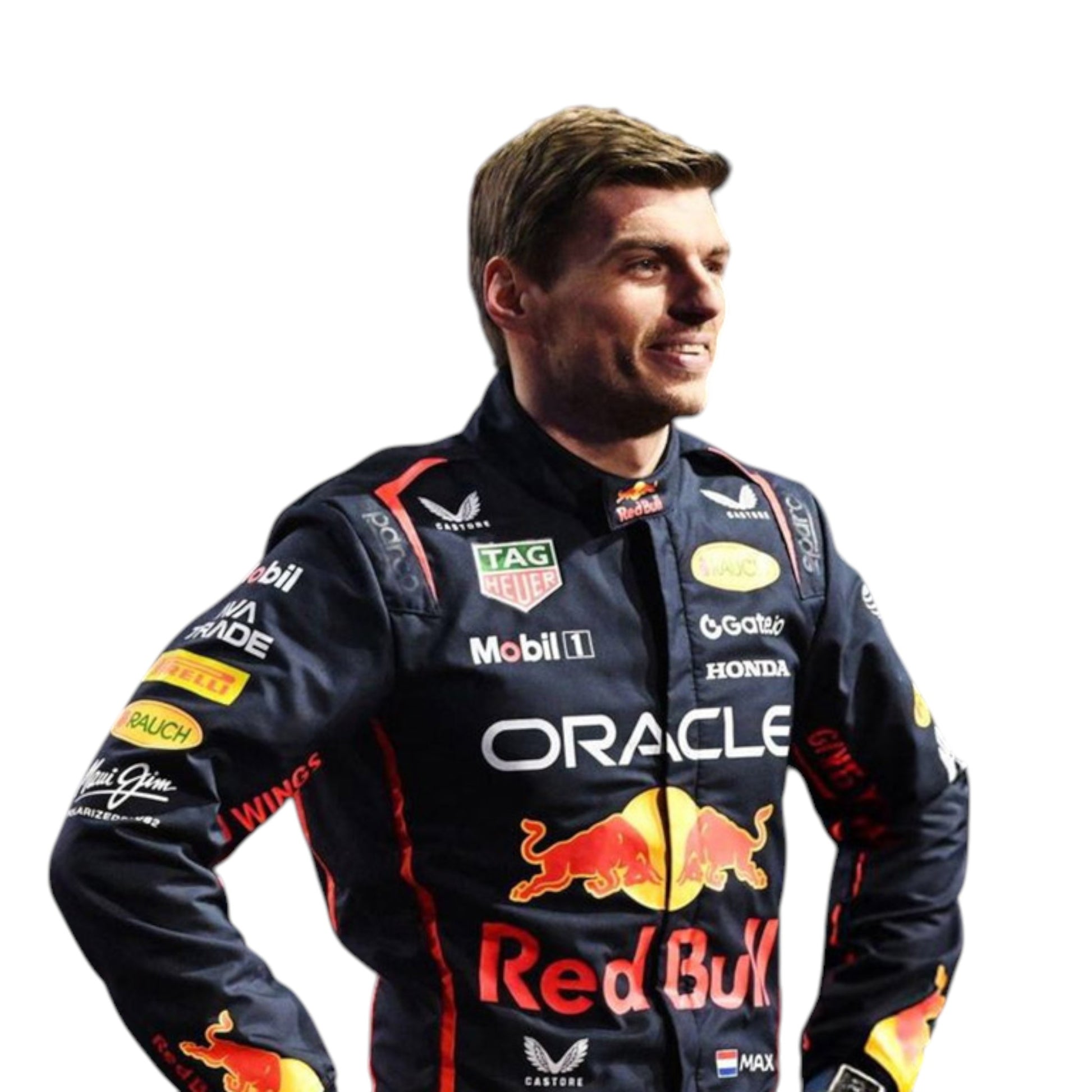 Max Verstappen 2025 Red Bull Racing F1 replica race suit featuring official team colors and sponsor logos