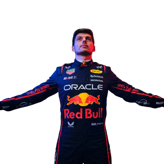 Max Verstappen 2025 Red Bull Racing F1 replica race suit featuring official team colors and sponsor logos