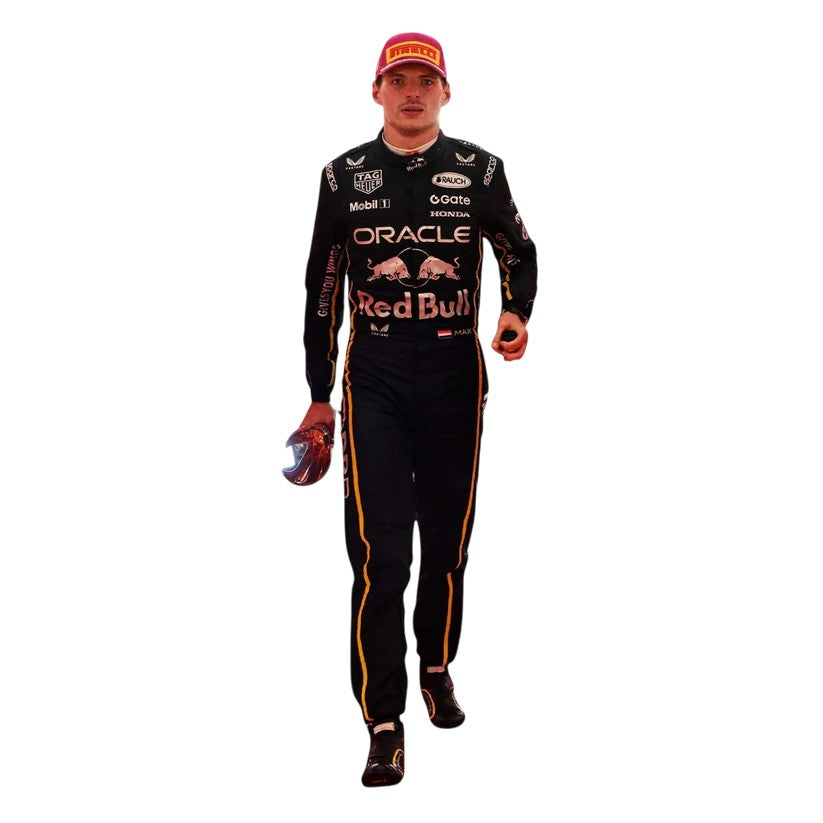 Max Verstappen 2025 Red Bull Las Vegas GP F1 race suit replica special edition design with bold Red Bull graphics and Vegas-themed detailing
