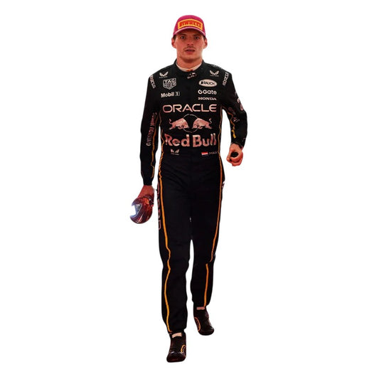 Max Verstappen 2025 Red Bull Las Vegas GP F1 race suit replica special edition design with bold Red Bull graphics and Vegas-themed detailing
