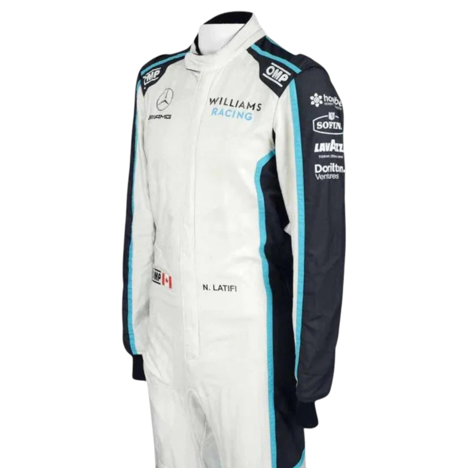 Nicholas Latifi 2021 Williams F1 race suit replica in blue and white with Sofina and Lavazza sponsor logos