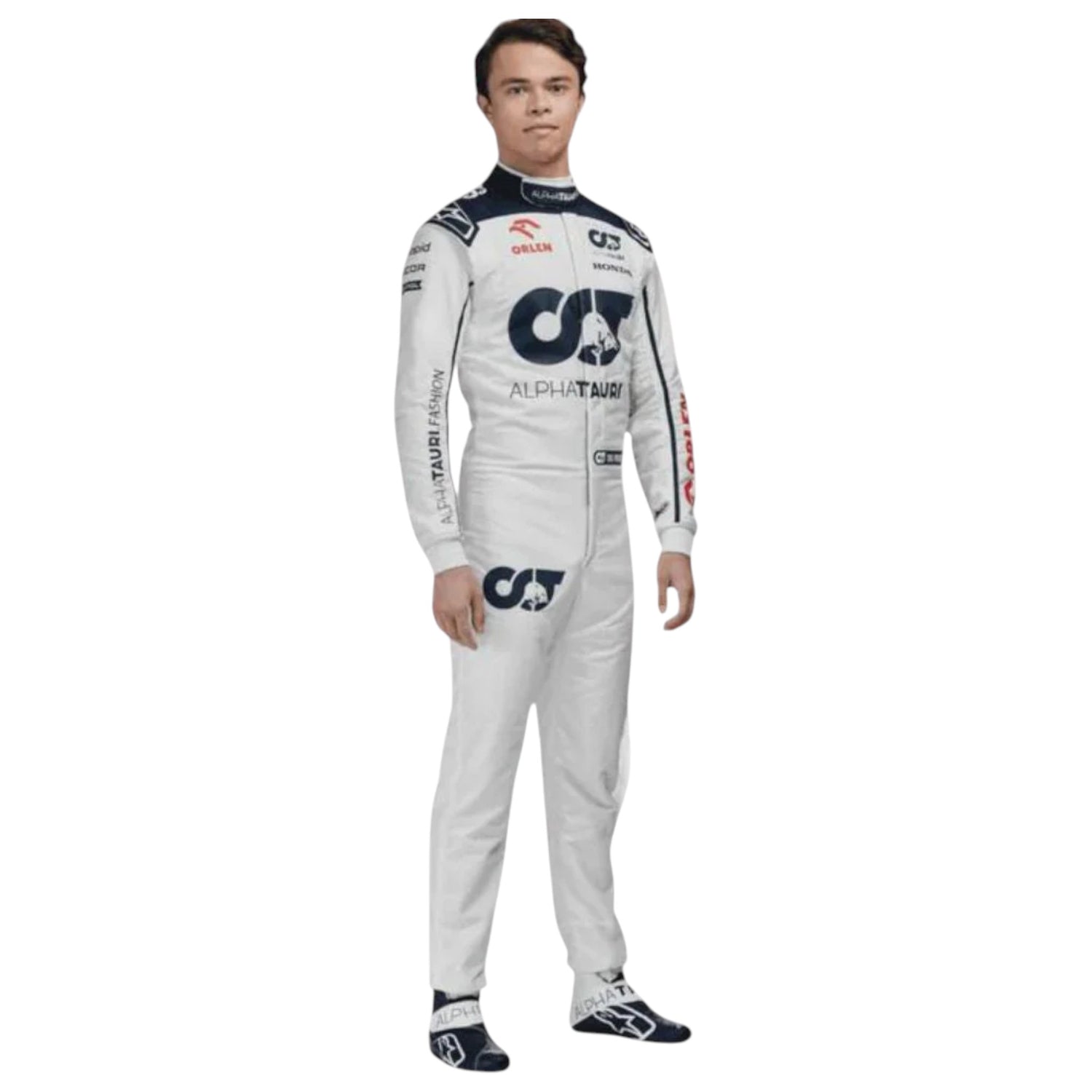 Nyck de Vries 2023 AlphaTauri F1 race suit replica with navy blue and white design featuring Red Bull and Honda logos