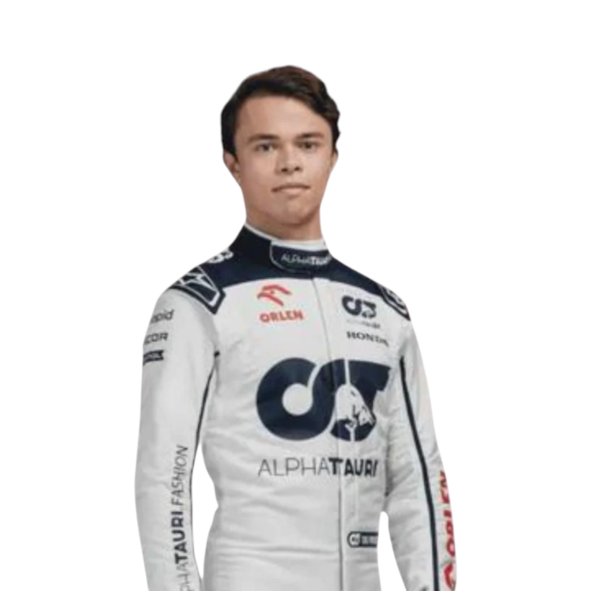 Nyck de Vries 2023 AlphaTauri F1 race suit replica with navy blue and white design featuring Red Bull and Honda logos