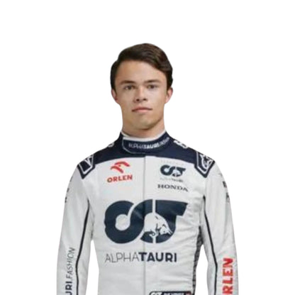 Nyck de Vries 2023 AlphaTauri F1 race suit replica with navy blue and white design featuring Red Bull and Honda logos