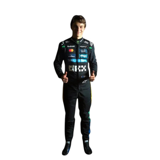 Oscar Piastri 2025 McLaren F1 race suit replica with official sponsor logos and papaya orange design