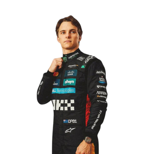 Oscar Piastri 2025 McLaren F1 race suit replica with official sponsor logos and papaya orange design