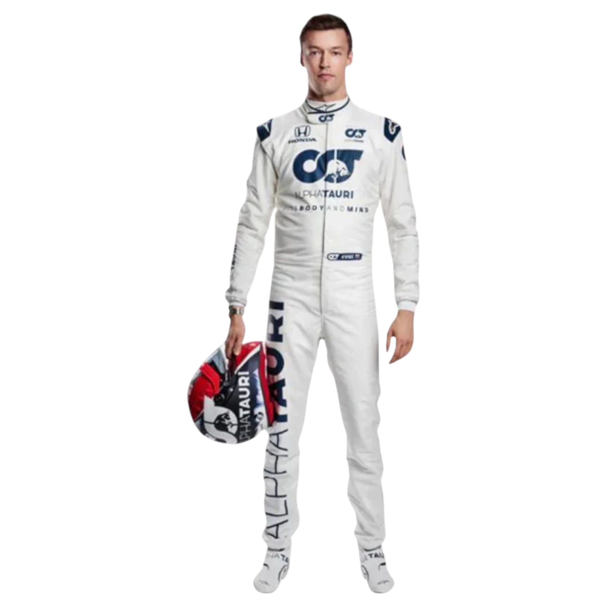 Pierre Gasly 2020 AlphaTauri F1 race suit replica with navy blue and white design featuring Red Bull and Honda logos
