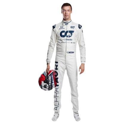 Pierre Gasly 2020 AlphaTauri F1 race suit replica with navy blue and white design featuring Red Bull and Honda logos