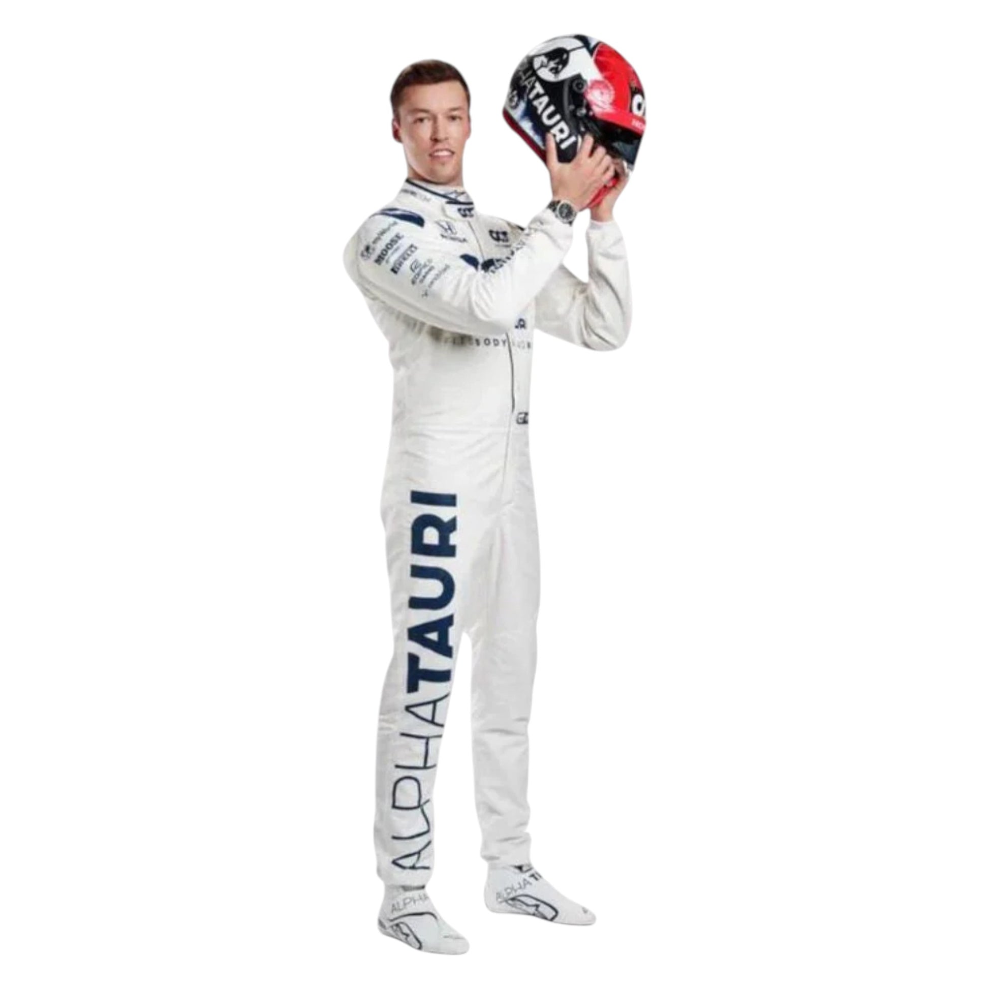 Pierre Gasly 2020 AlphaTauri F1 race suit replica with navy blue and white design featuring Red Bull and Honda logos