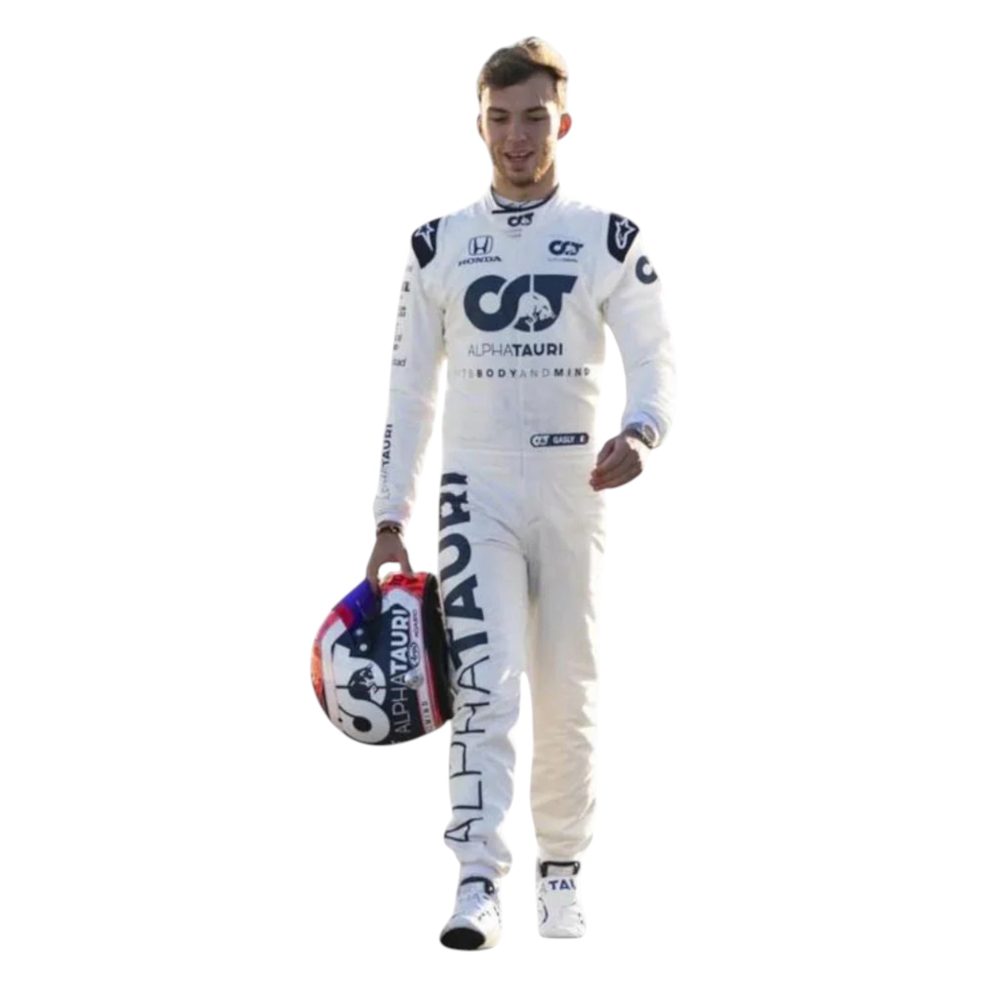 Pierre Gasly 2020 AlphaTauri F1 race suit replica with navy blue and white design featuring Red Bull and Honda logos