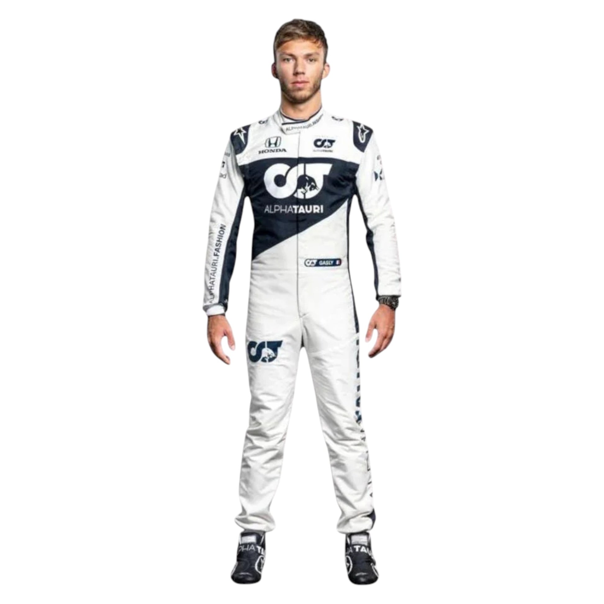 Replica of Pierre Gasly 2021 AlphaTauri F1 driver suit with authentic team branding and sponsor details