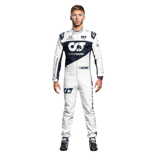 Replica of Pierre Gasly 2021 AlphaTauri F1 driver suit with authentic team branding and sponsor details