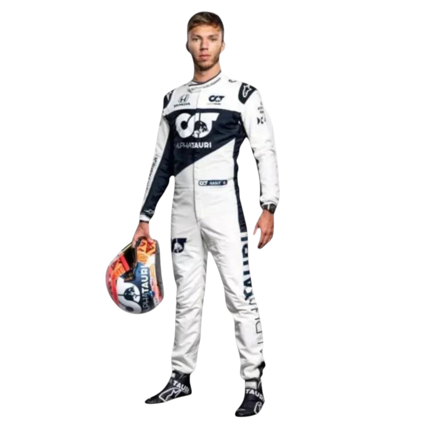Replica of Pierre Gasly 2021 AlphaTauri F1 driver suit with authentic team branding and sponsor details