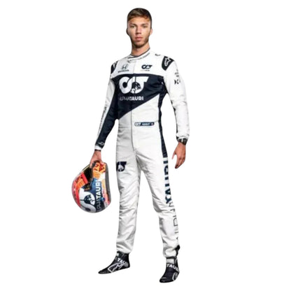 Replica of Pierre Gasly 2021 AlphaTauri F1 driver suit with authentic team branding and sponsor details