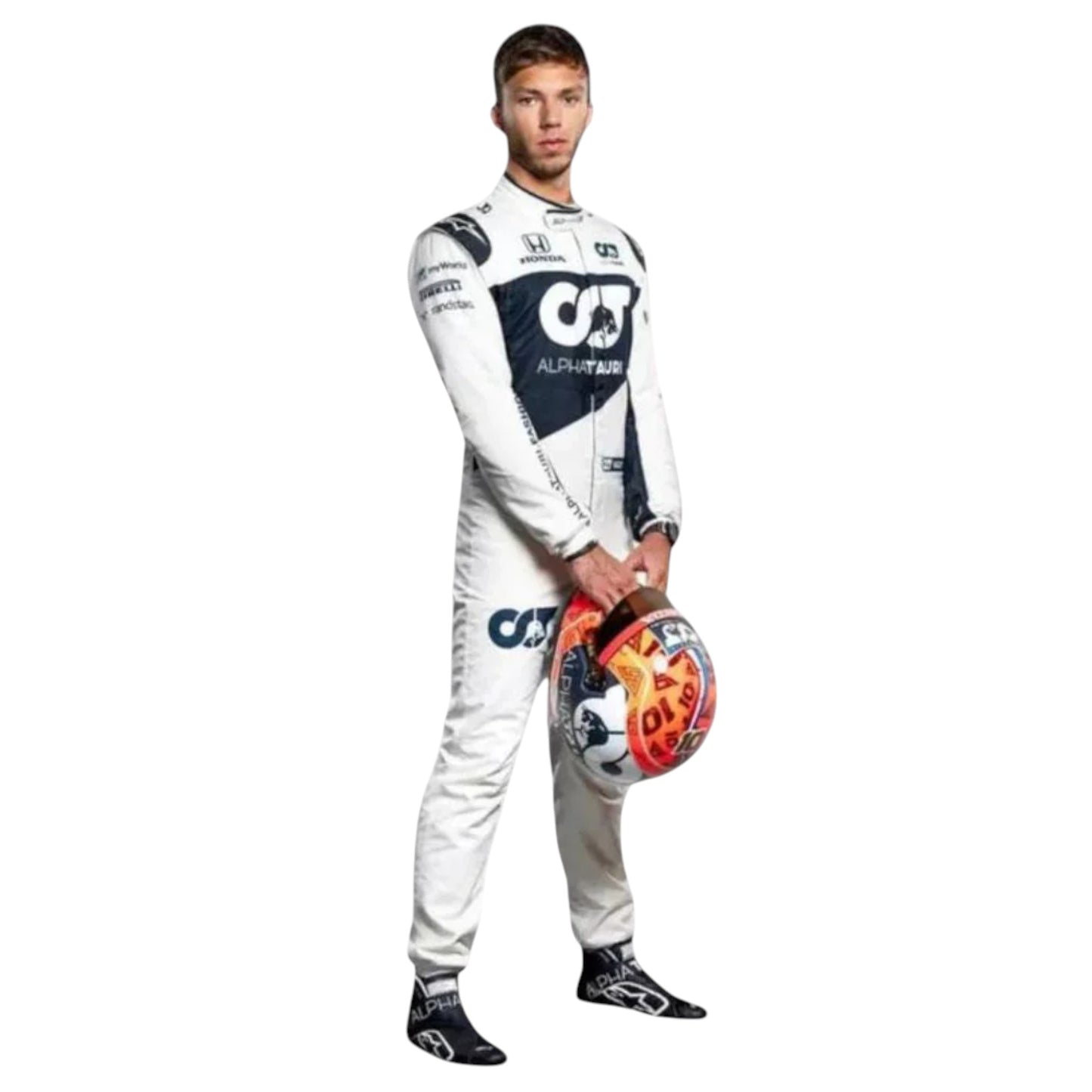 Replica of Pierre Gasly 2021 AlphaTauri F1 driver suit with authentic team branding and sponsor details